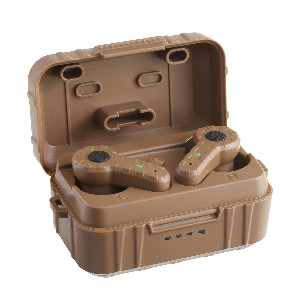 Brown wireless earbuds in an open case on a white background