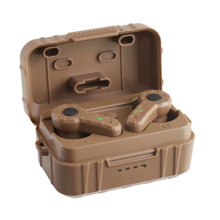 Brown wireless earbuds in an open case on a white background