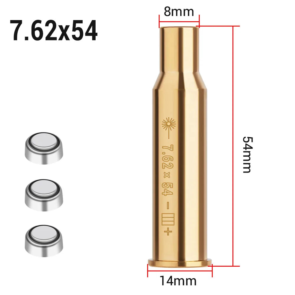 Gold 7.62x54mm cartridge with measurements on a white background