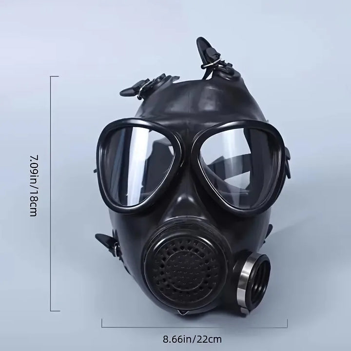 Black gas mask with measurement details on a light gray background