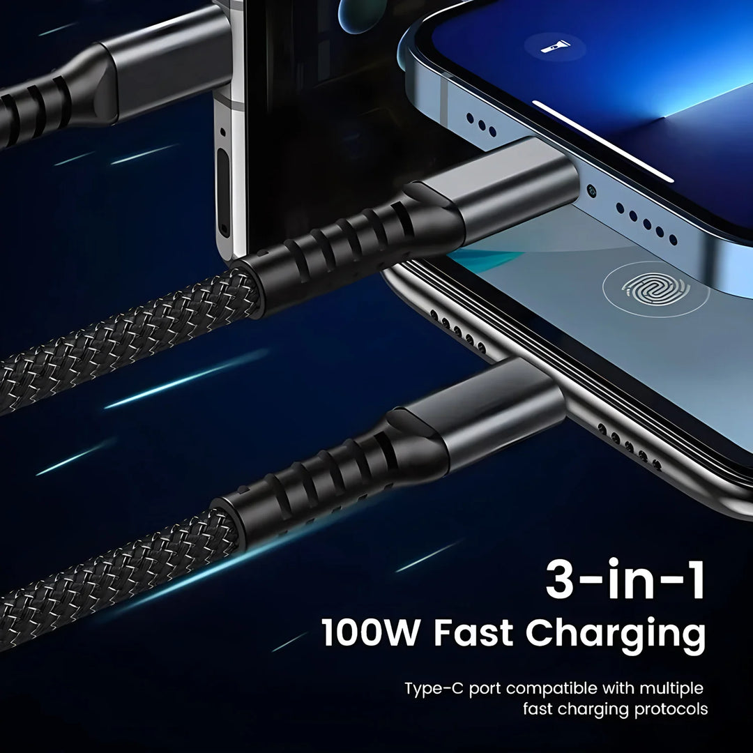 SmartGearPros OmniCharge 100W Cable – 3-in-1 Multi Charging Cord with USB-C, Lightning & Micro