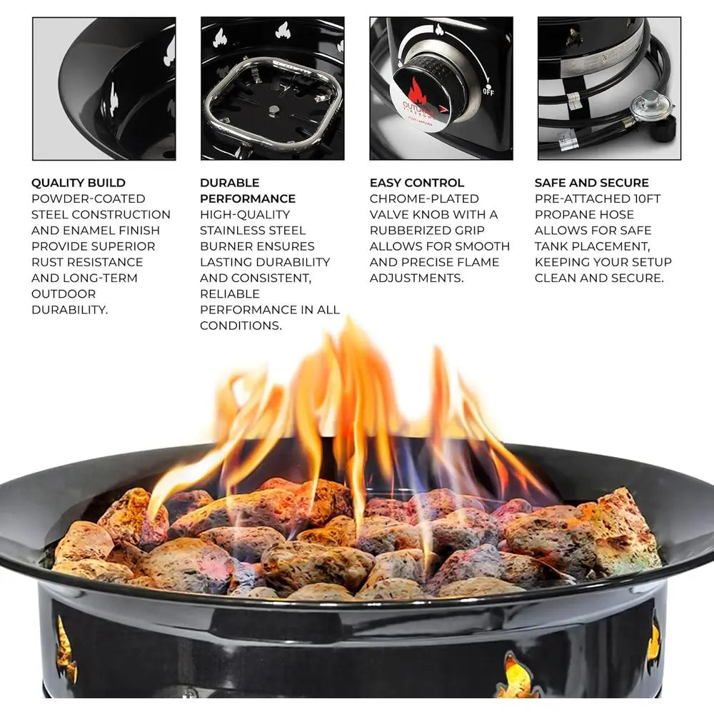 Fire pit with flames and features listed on a white background