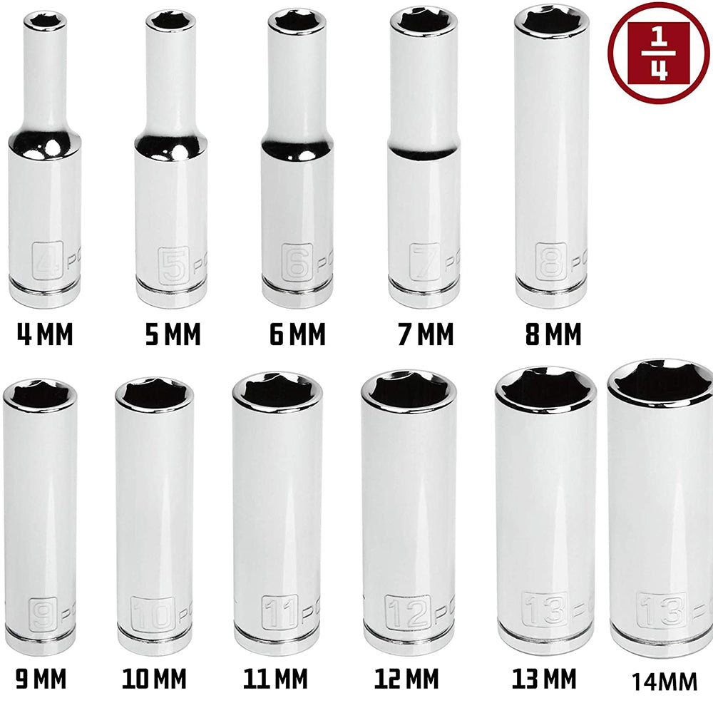 Skeyo 11-Piece Metric Deep Socket Set – 1/4" Drive 4-14mm Chrome