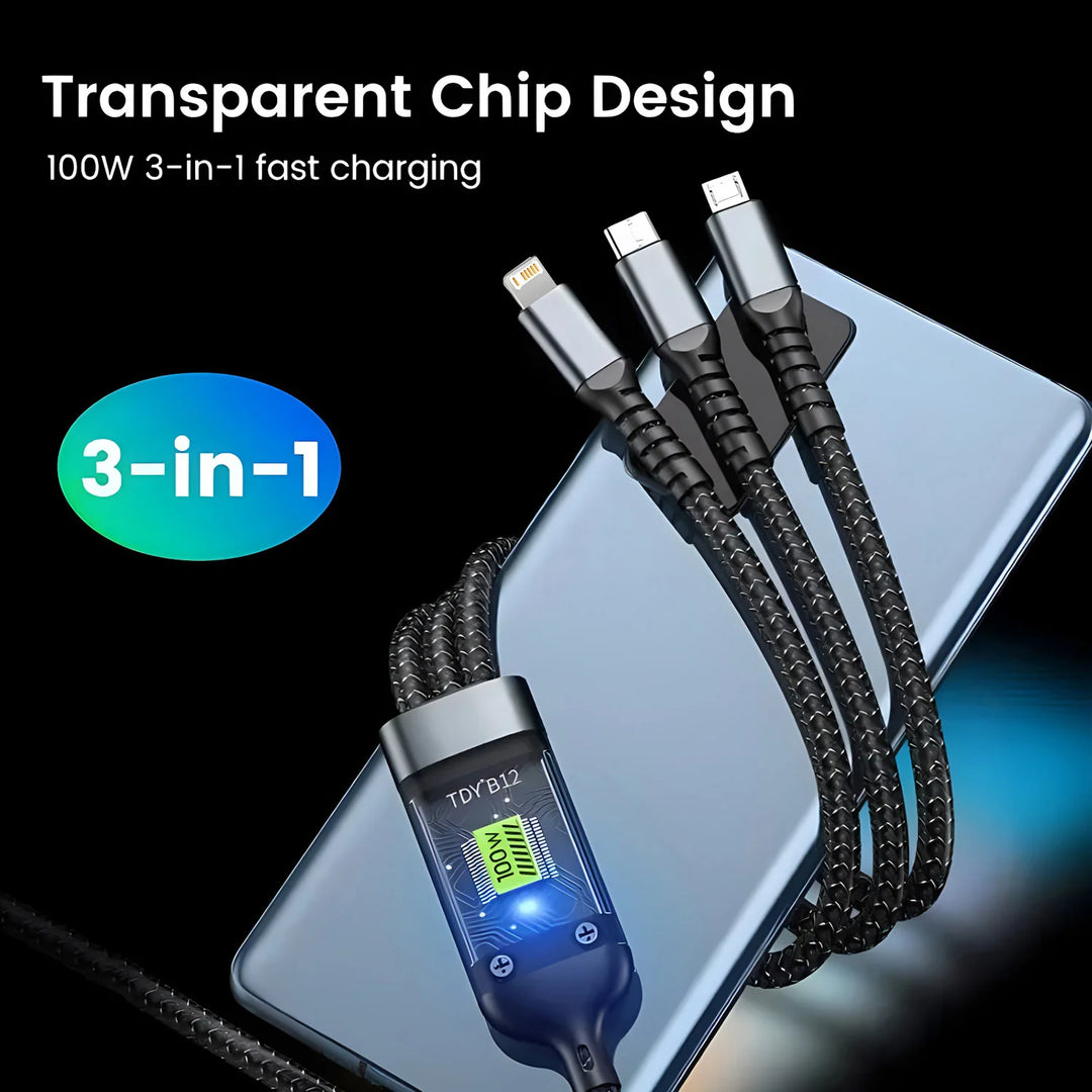SmartGearPros OmniCharge 100W Cable – 3-in-1 Multi Charging Cord with USB-C, Lightning & Micro