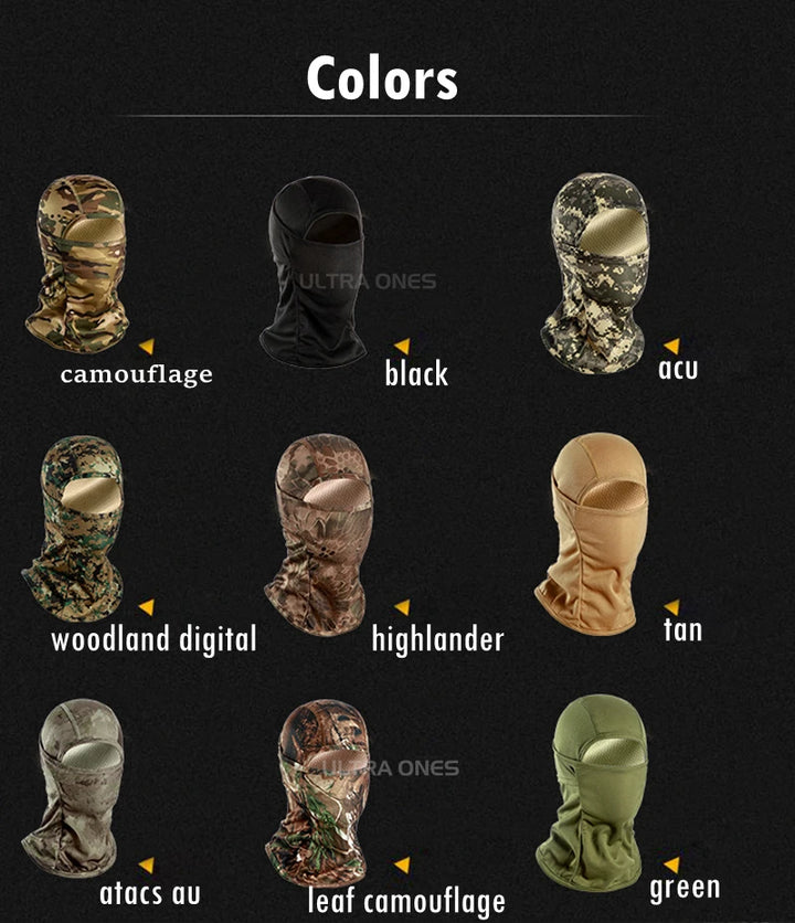 Various color options of a balaclava displayed on a black background