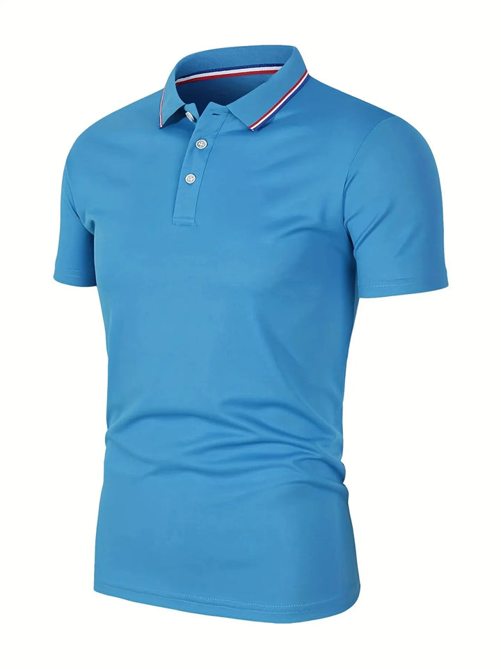 SmartGearPros breathable polyester polo shirt in blue with button collar and solid color design.