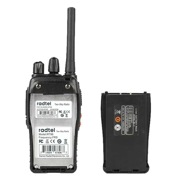Two-way radio with battery pack on a white background