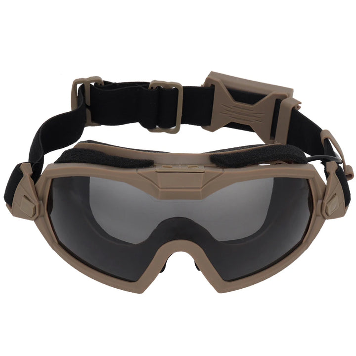 Tan goggles with black lenses on a white background