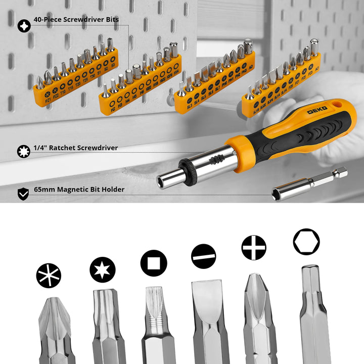 Set of screwdriver bits and tools with a focus on tool types and features.