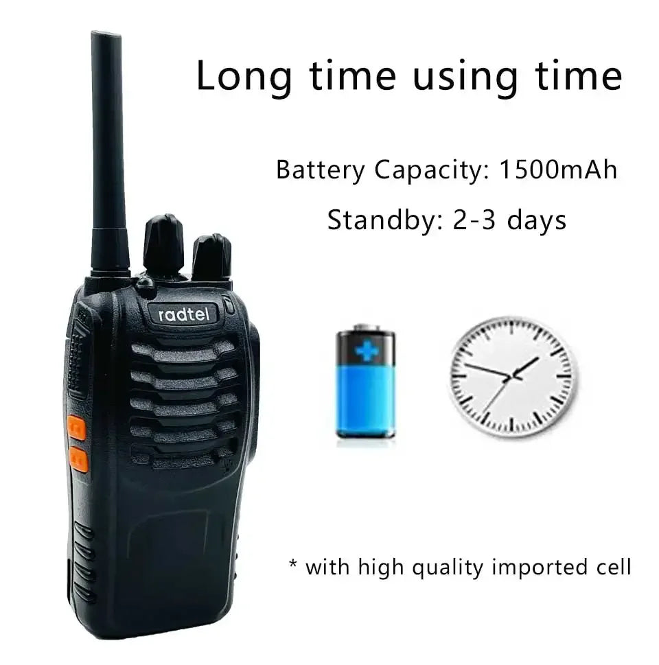Black walkie-talkie with battery and clock icons, indicating battery capacity and standby time.