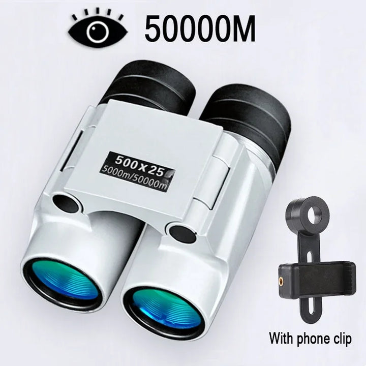 Binoculars with a phone clip attachment on a white background