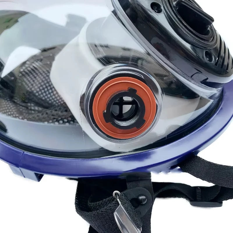 Close-up of a helmet's visor and chin strap on a white background