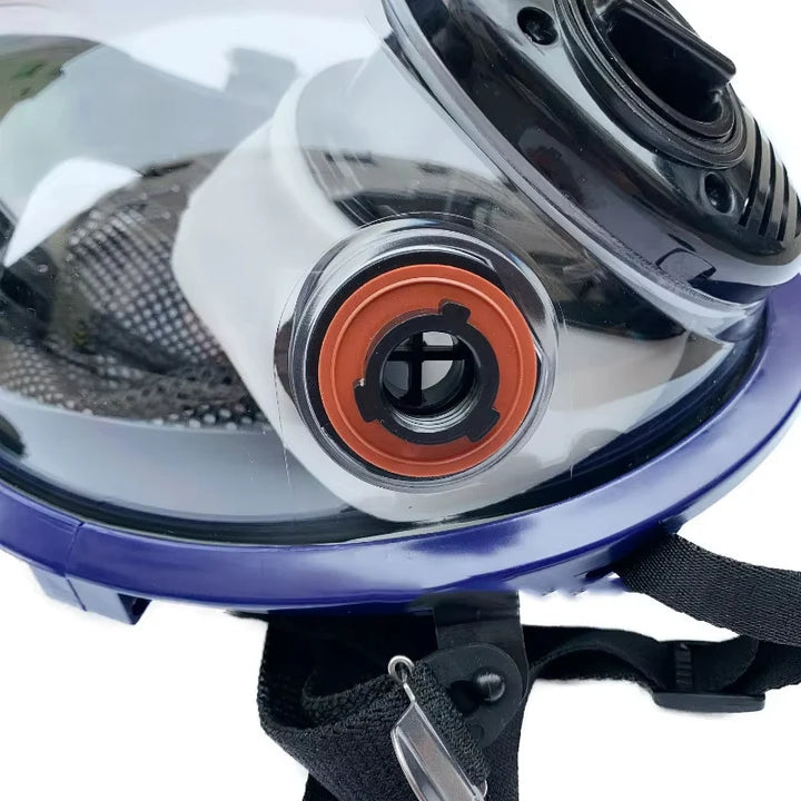 Close-up of a helmet's visor and chin strap on a white background