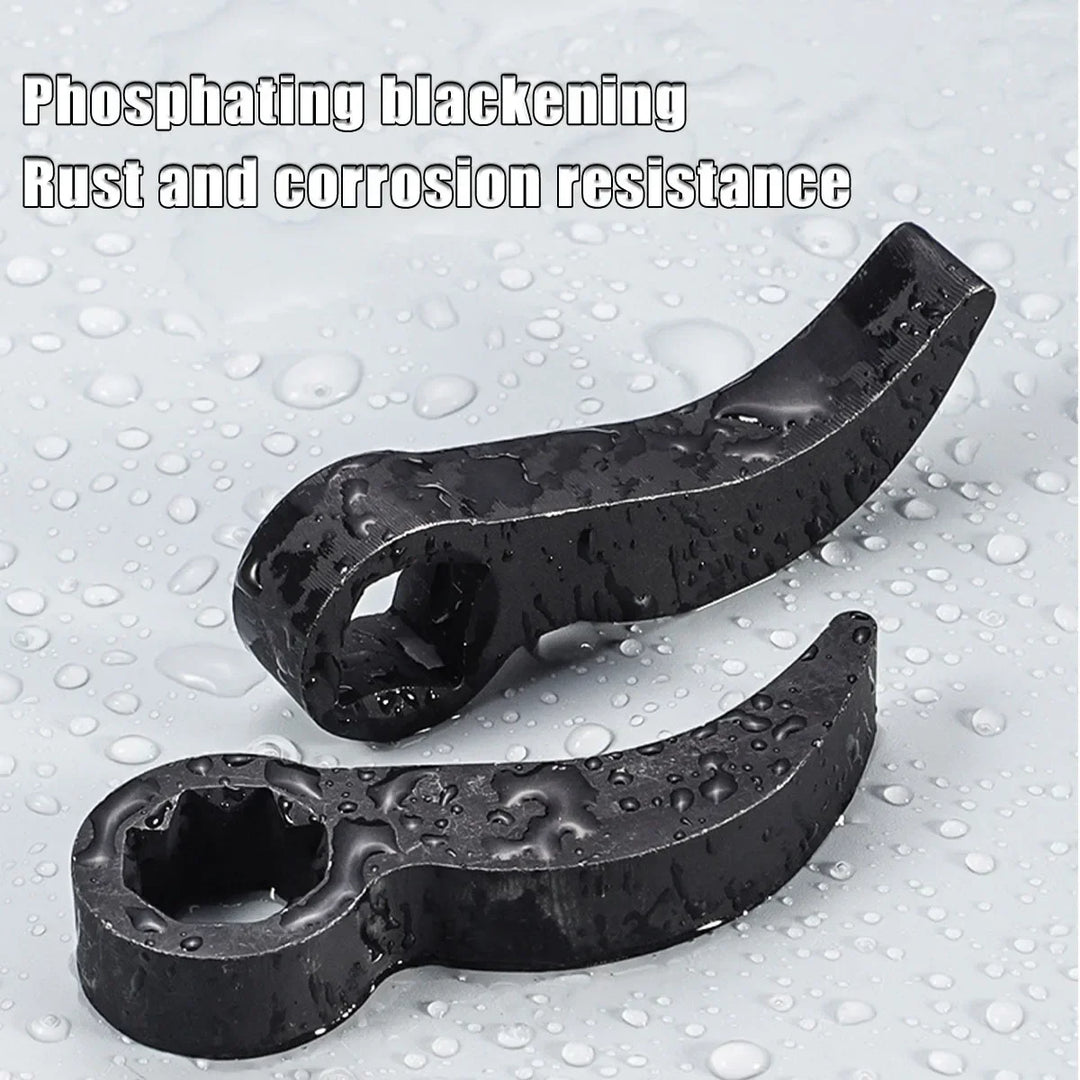 Two black metal components on a gray background with water droplets, highlighting rust and corrosion resistance.
