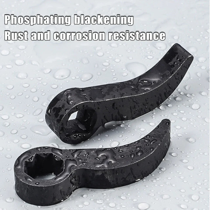 Two black metal components on a gray background with water droplets, highlighting rust and corrosion resistance.