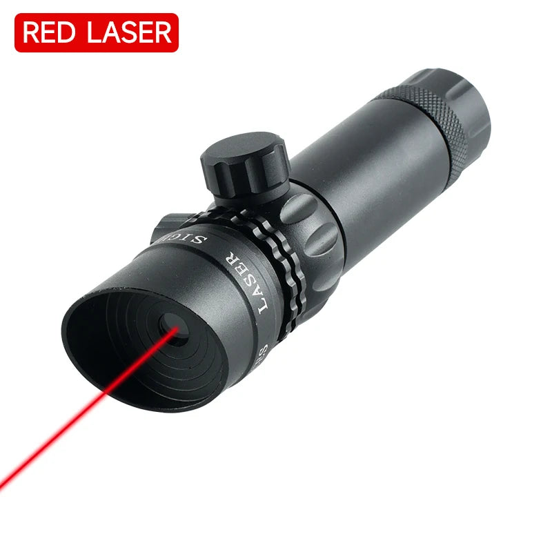 Black rifle scope with red laser on a white background