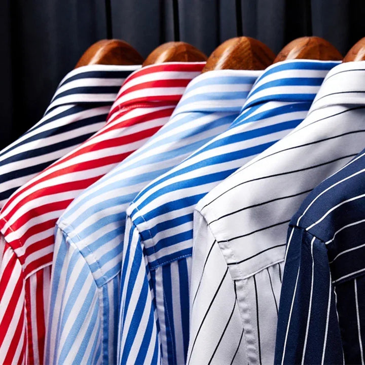 Main image of men's blue and white striped long-sleeve dress shirt
