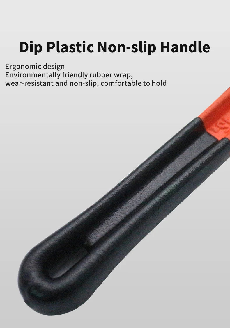 Bottom of a pipe wrench's black non-slip handle with red accent on a gray background