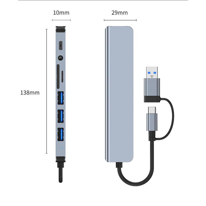 USB hub with measurements on a white background
