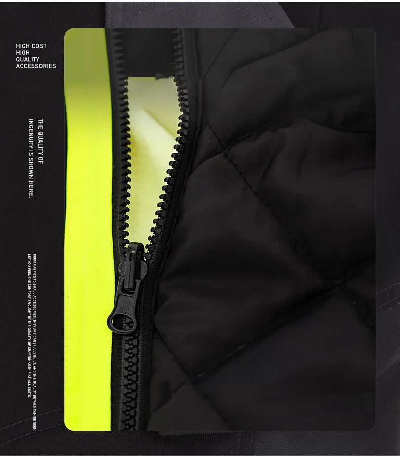 Close-up of a black jacket with a yellow zipper, highlighting quality and brand value.