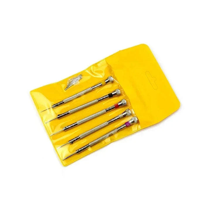 Five precision steel screwdrivers with color-coded heads neatly arranged on a clean wooden surface, alongside a yellow blister pack case showing the full 5-piece set with extra bits.