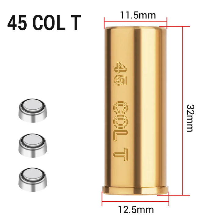 Gold cylindrical object with '45 COL T' engraving, accompanied by measurements on a white background.