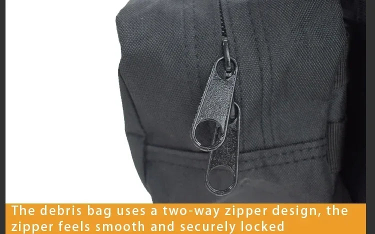 Close-up of a black debris bag with a two-way zipper, featuring text about the zipper's design.