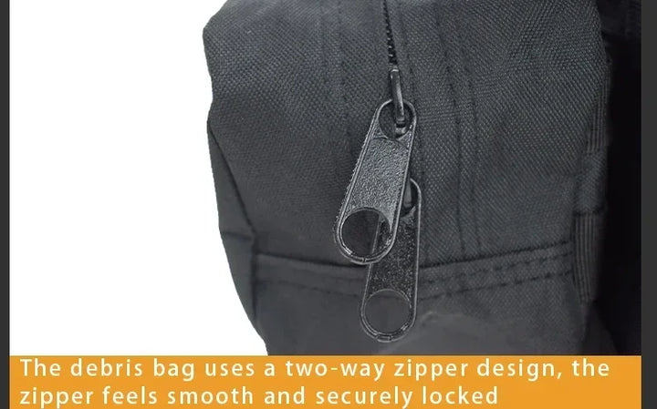 Close-up of a black debris bag with a two-way zipper, featuring text about the zipper's design.