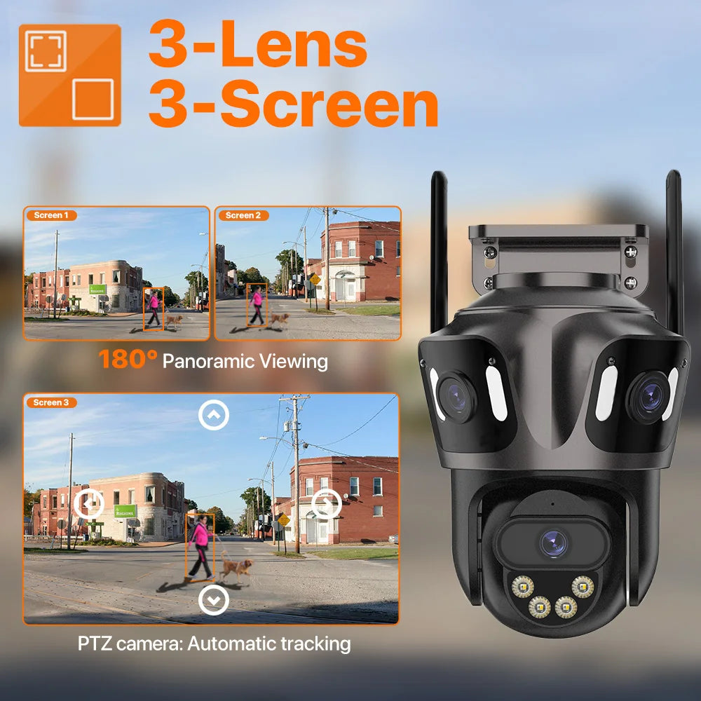 SmartGearPros TriSecure 4K WiFi Camera - AI Motion Tracking 3-Screen Security