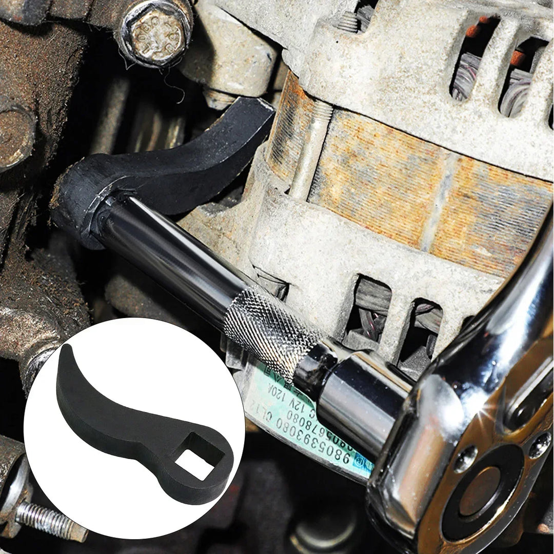 Close-up of a mechanical component with a tool inserted, showing detailed metal parts.