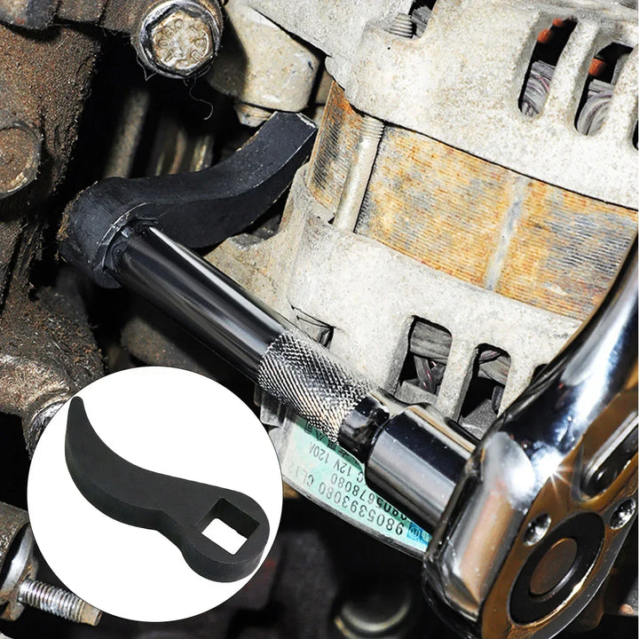 Close-up of a mechanical component with a tool inserted, showing detailed metal parts.