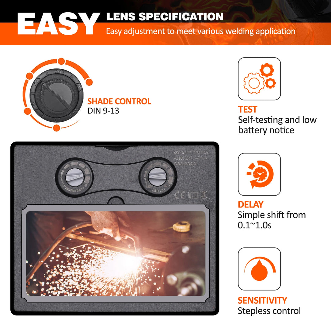 Close-up of welding helmet lens control with DIN 9-13 shade adjustment and sensitivity settings.