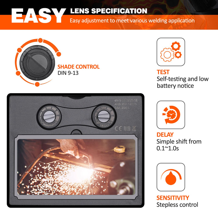 Close-up of welding helmet lens control with DIN 9-13 shade adjustment and sensitivity settings.