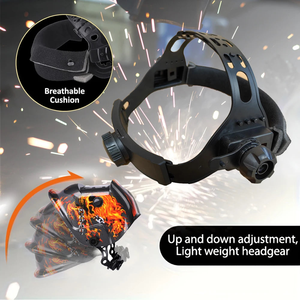  Black auto-darkening welding helmet with large viewing lens and true color clarity.