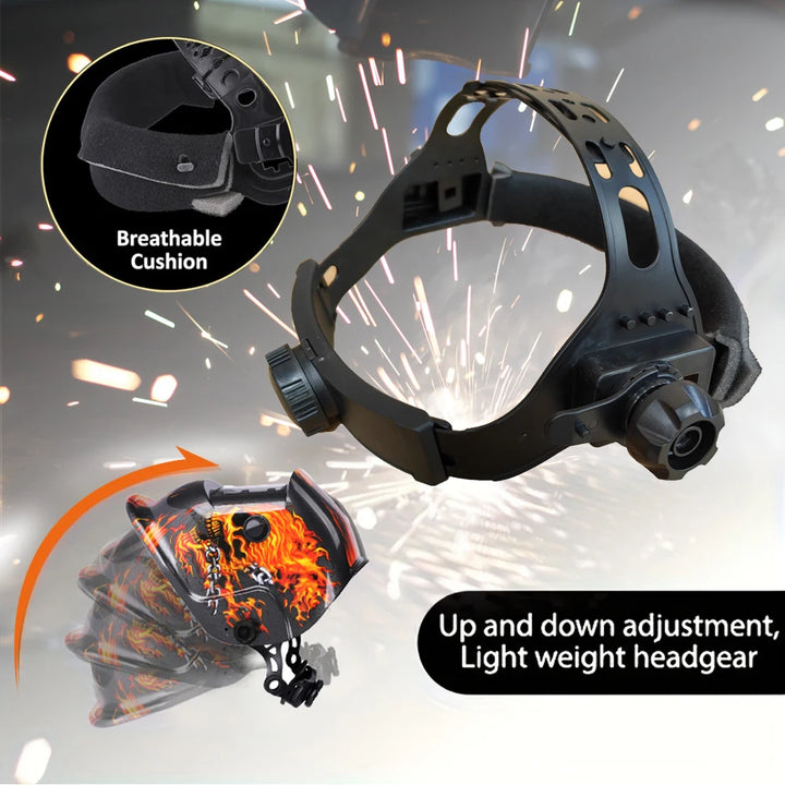  Black auto-darkening welding helmet with large viewing lens and true color clarity.