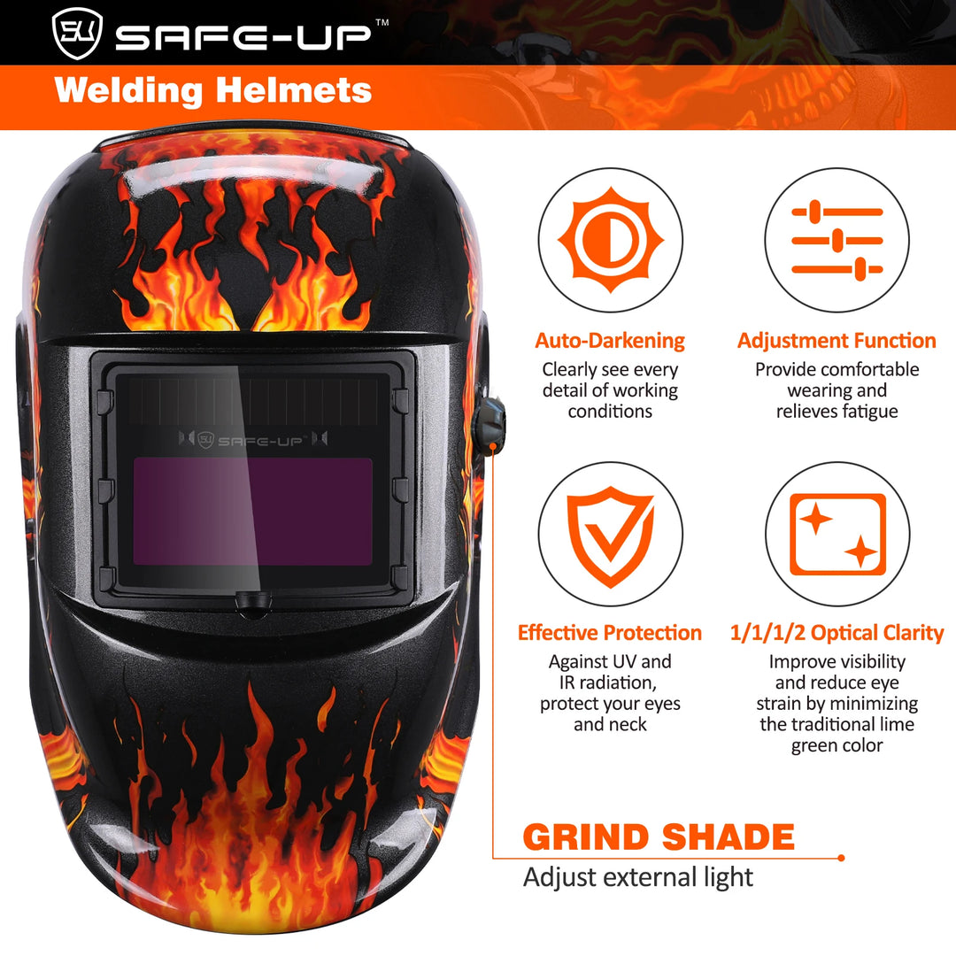Welding helmet with auto-darkening technology, UV protection, and optical clarity specifications.