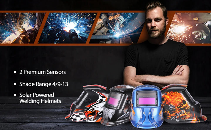Multiple designs of SAFEUP welding helmets with premium features and shade adjustment.