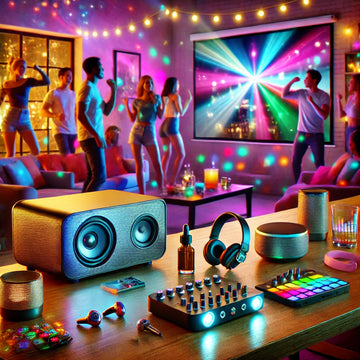 A high-energy house party scene with Bluetooth speakers, LED lights, wireless earbuds, and a DJ mixer on the table, set in a modern home with people dancing under vibrant lighting. Perfect for showcasing SmartGearPros House Party Heroes collection.