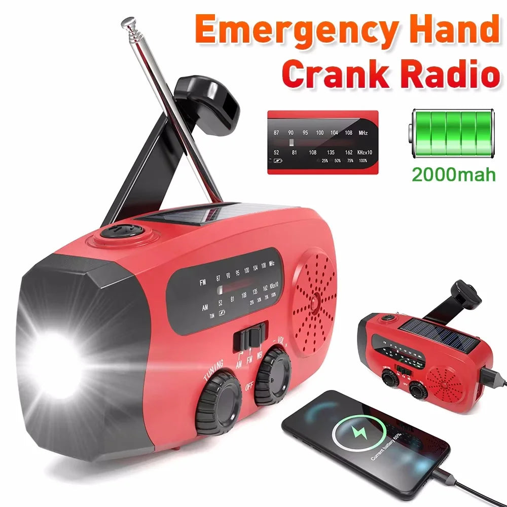 Red emergency hand crank radio with flashlight and charging capabilities on a white background