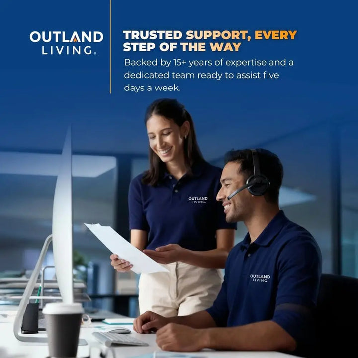 Two Outland Living employees working together in an office setting with text about their support services.