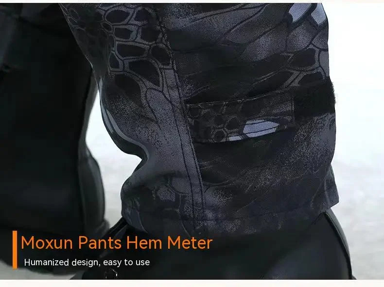 Black pants with a patterned design on a white background, featuring text about a pants hem meter.