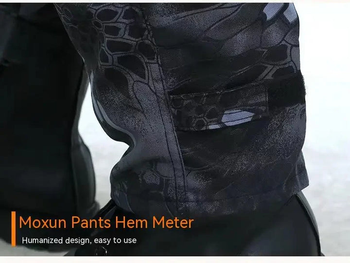 Black pants with a patterned design on a white background, featuring text about a pants hem meter.