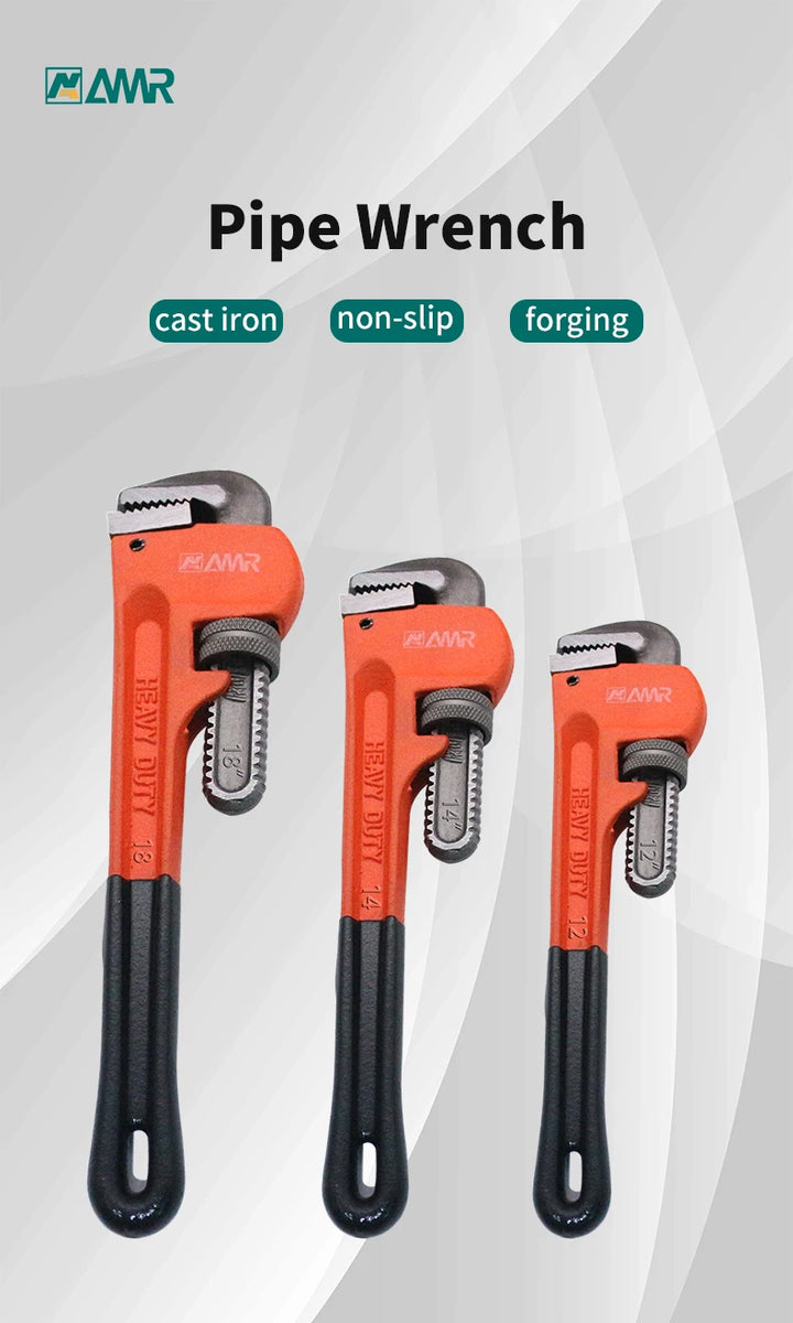 Set of pipe wrenches with AMR branding on a gray background