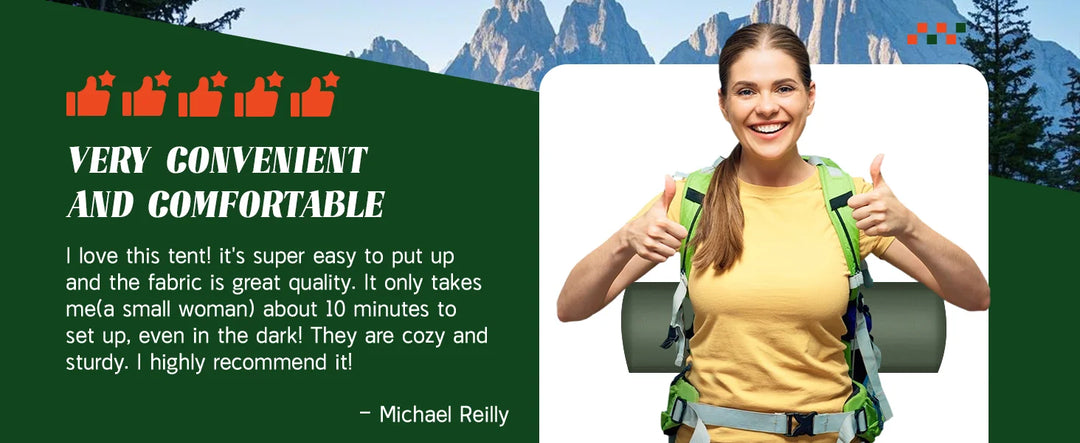 Woman with a tent, thumbs up, with text about convenience and comfort