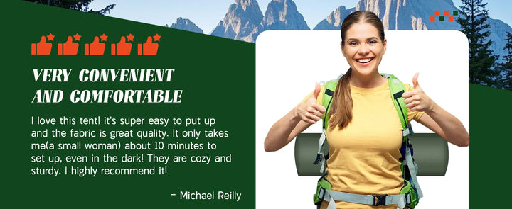 Woman with a tent, thumbs up, with text about convenience and comfort