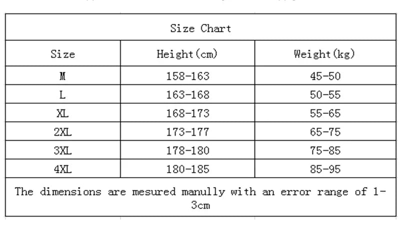 Size chart for clothing with height and weight ranges.