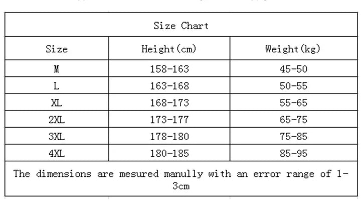 Size chart for clothing with height and weight ranges.