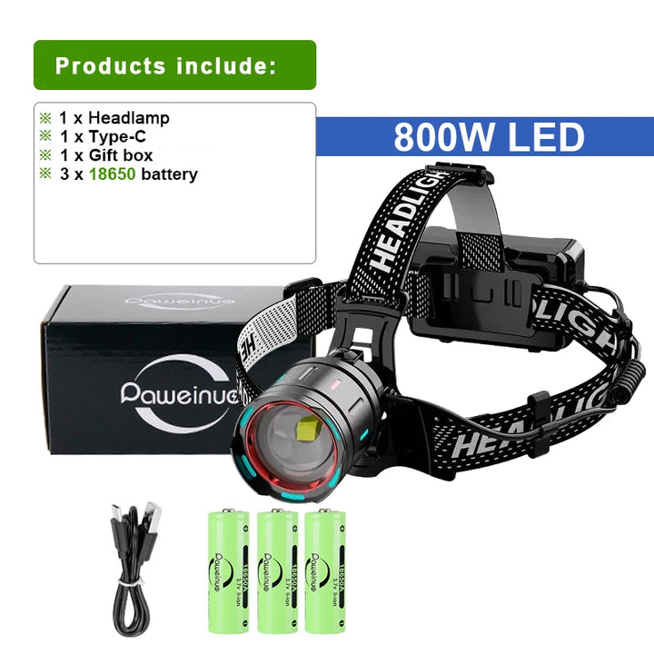 1000000Lm Powerful Headlamp 800W Led Sensor Head Flashlight Long Range Headlight 18650 Rechargeable Head Lantern Fishing Camping product image showing features or usage
