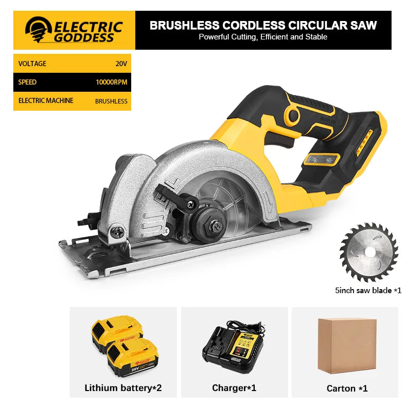 5 Inch Brushless Circular Saw Cordless Rechargeable Chainsaw Battery Set Woodworking One Hand Chainsaw For Dewalt 20V Battery product image showing features or usage