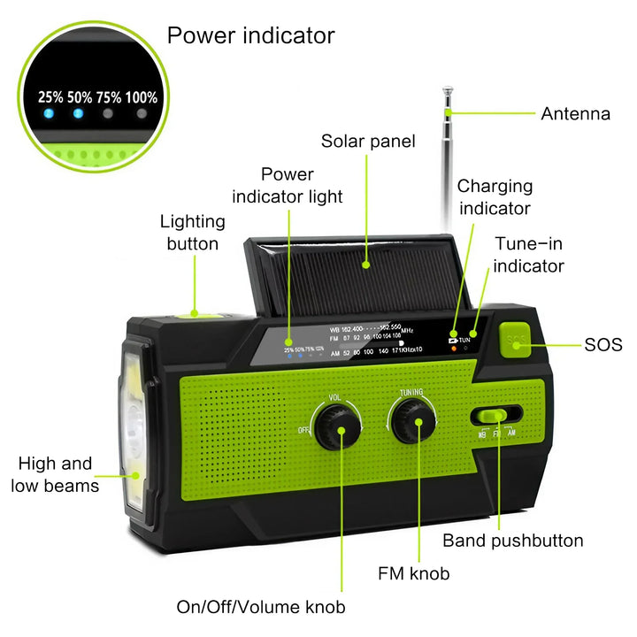 SmartGearPros Emergency Weather Radio - FM AM WB Hand Crank Solar USB Charging 2000mAh Power Bank LED Flashlight